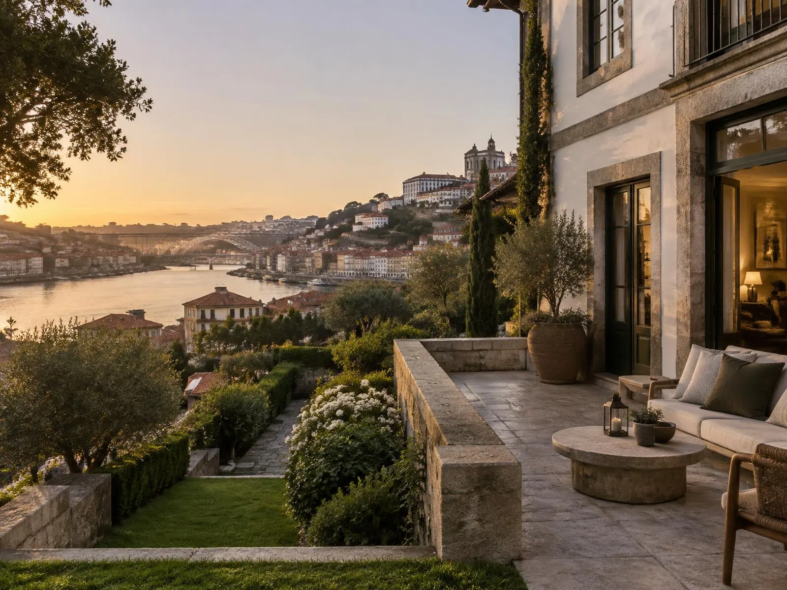 Stone house terrace and garden overlooking the Douro river and Porto at sunset